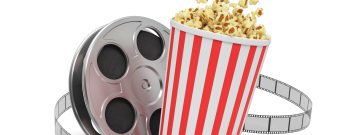 3d rendering of a video reel with video film stretching around a big bucket full of popcorn. Watching movies. Leisure and culture. Video art.
